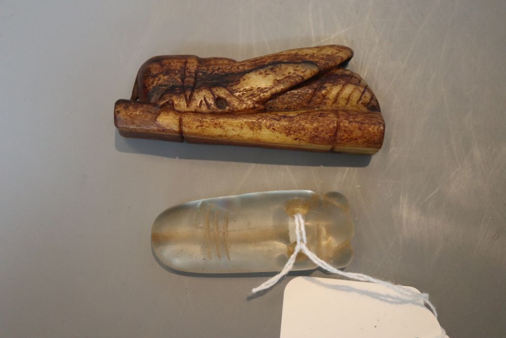 A Chinese rock crystal cicada pendant and a hardstone cicada